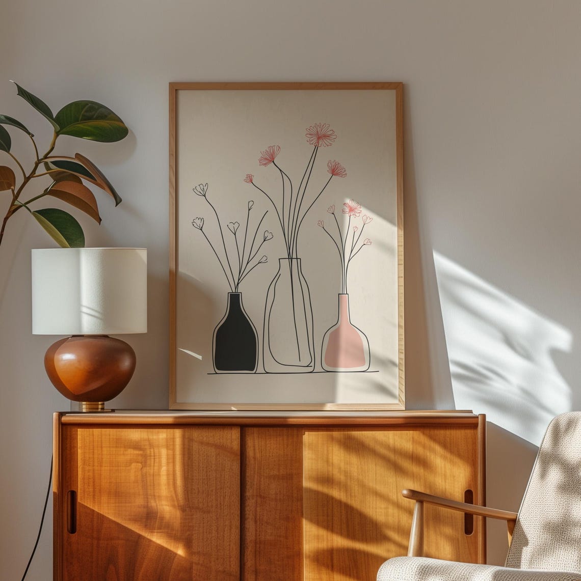 Minimalist Vases With Delicate Pink Flowers Line Art Beige Poster - Image 4