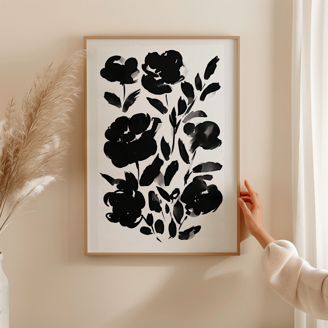 Monochrome Black Floral Ink Painting Elegant Botanical Poster - Image 2