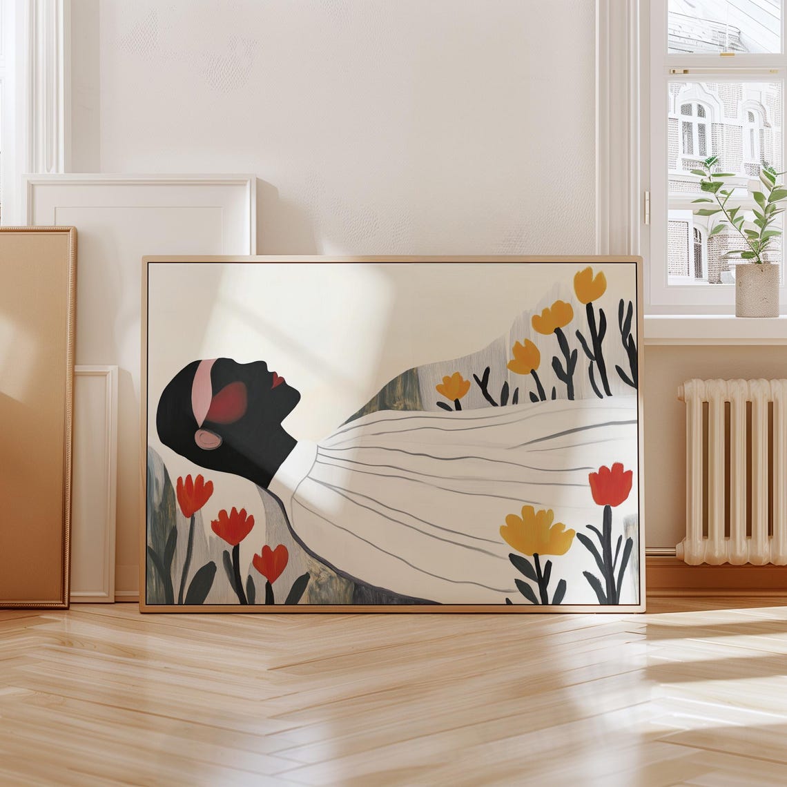 Reclining Woman in White Drapery with Red Yellow Tulips Poster - Image 5