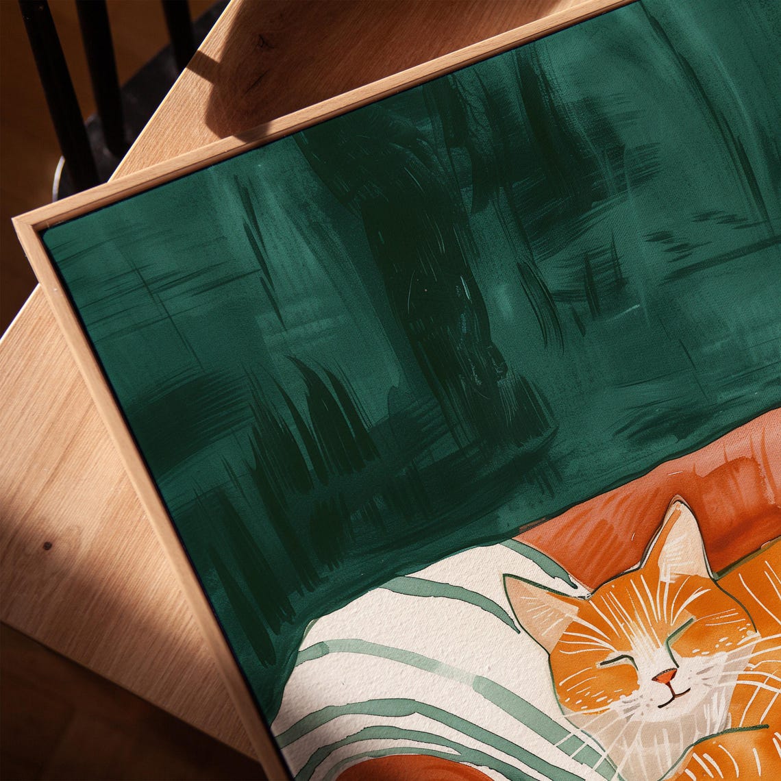 Sweet Sleeping Ginger Cat On Striped Blanket Cozy Cat Art Poster - Image 3