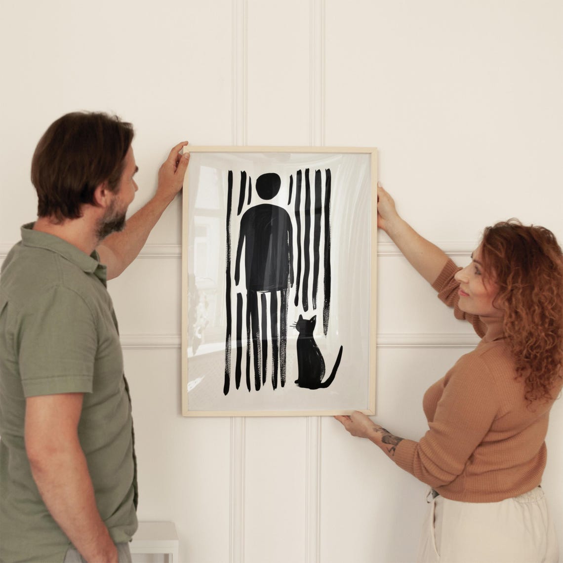 Abstract Cat And Human Art Print Black And White Minimalist Wall Decor Bold Striped Figures Modern Home Art Unique Gift For Cat Lovers - Image 2