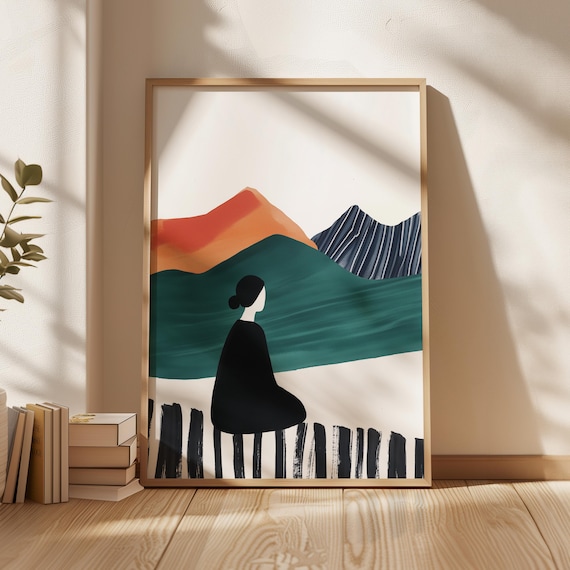 Abstract Minimalist Landscape Art Black And White Wall Decor Modern Print Walking Silhouette Art Scandinavian Style Artwork