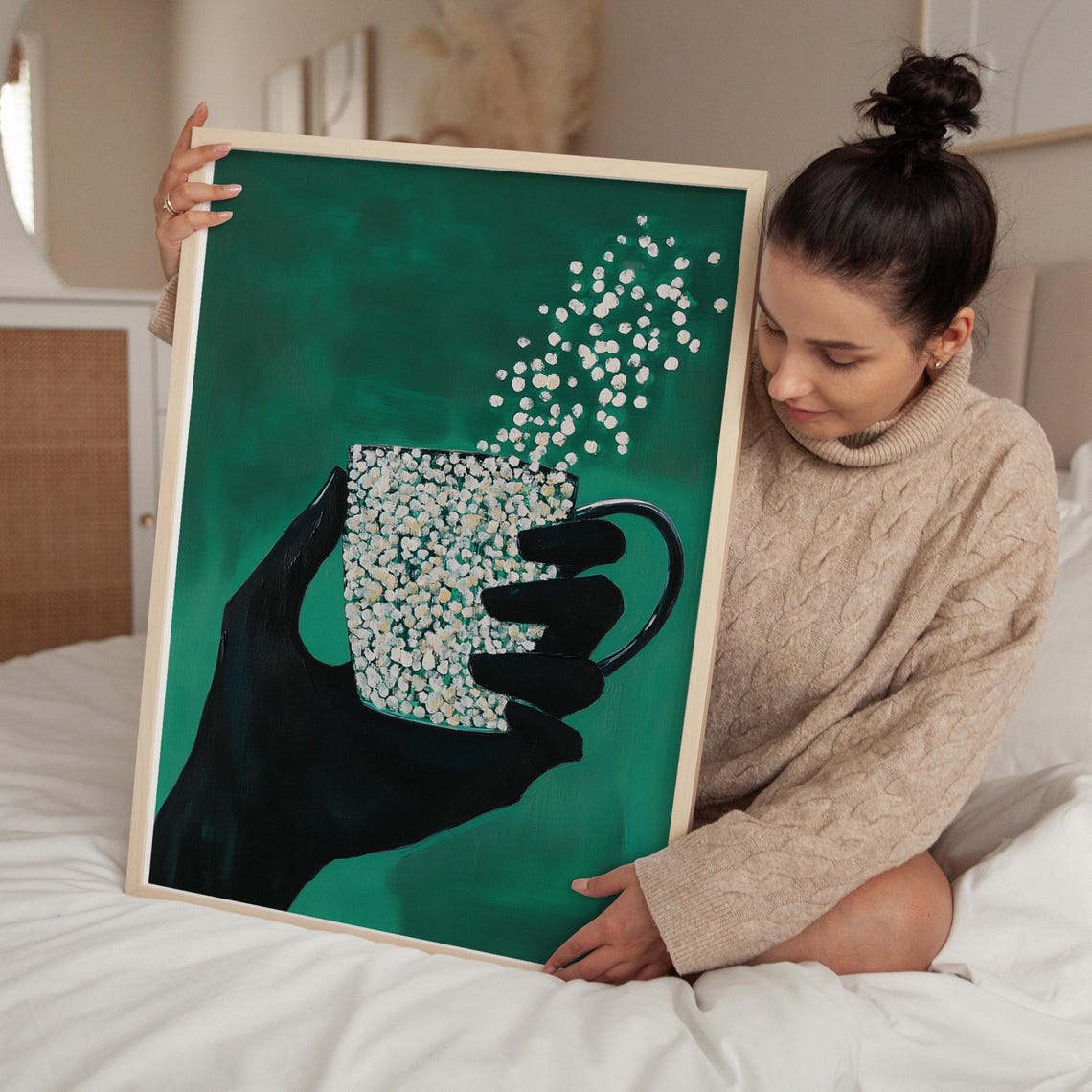 Black Hand Holding Speckled Mug with Dotted Steam Green Poster - Image 5