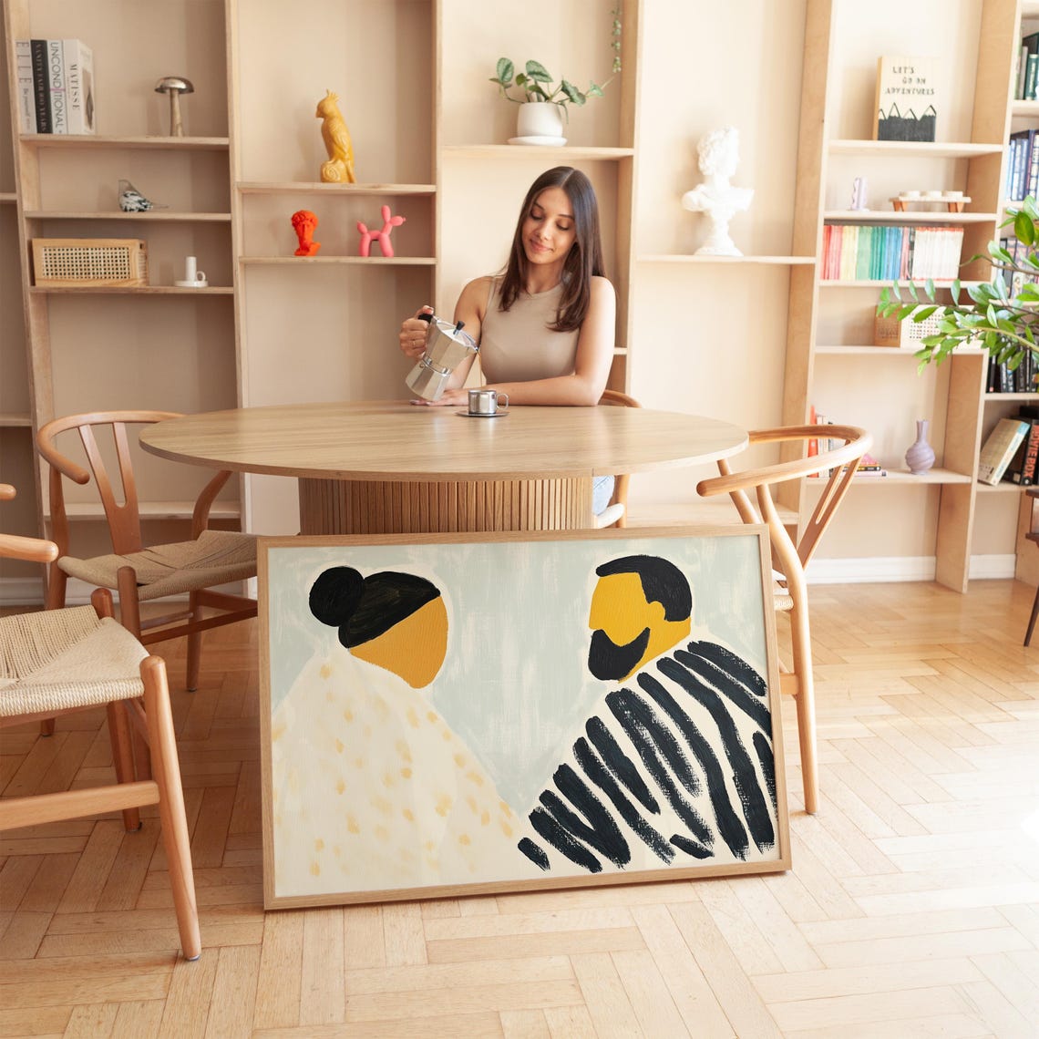 Minimalist Couple Facing Each Other in Striped Tops Tender Poster - Image 2