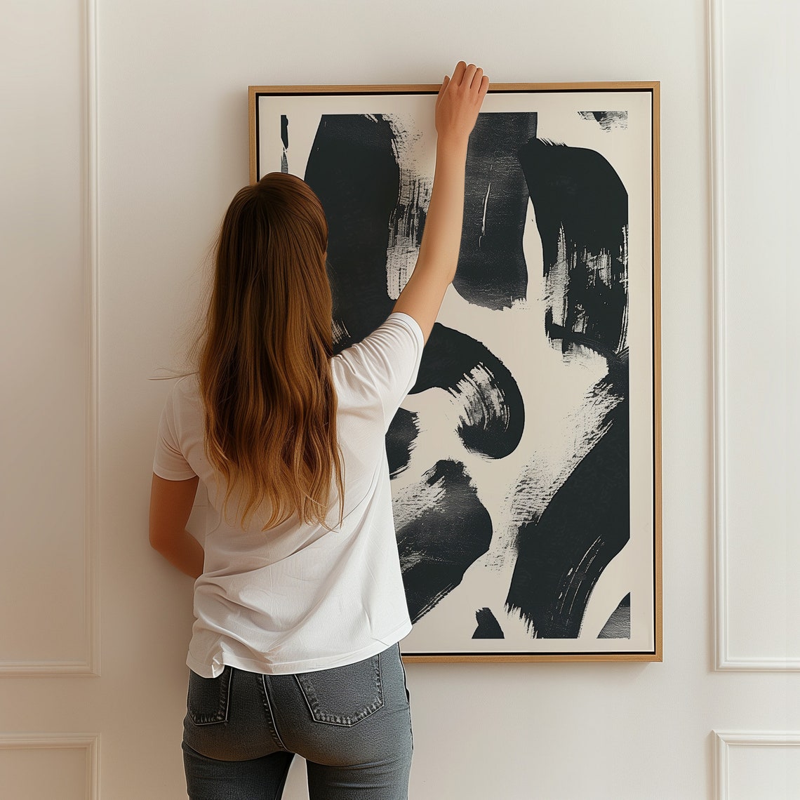 Bold Abstract Black Brushstroke Marks On Cream Modern Wall Art - Image 3