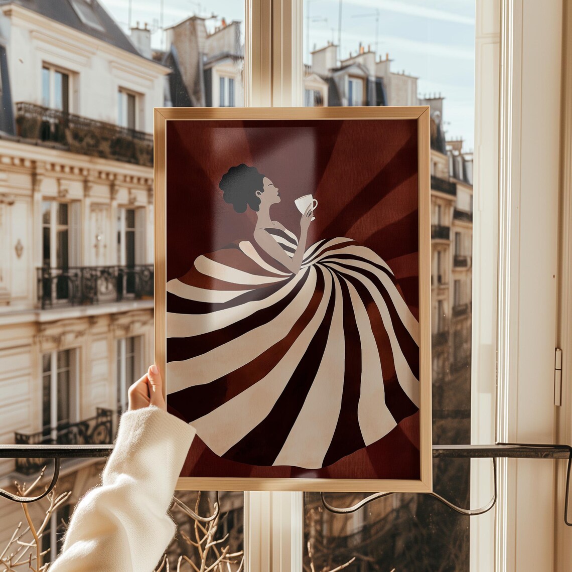 Woman in Swirling Striped Gown Coffee Elegant Burgundy Art Poster - Image 2