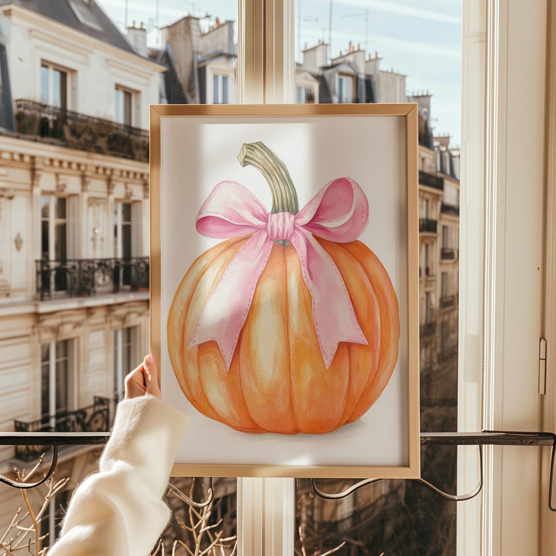 Whimsical Watercolor Pumpkin With Big Pink Bow Fall Art Poster - Image 4