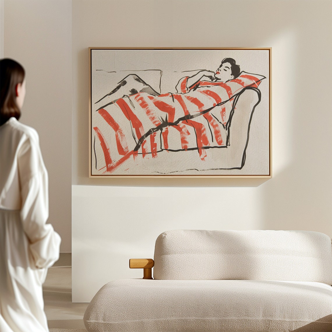 Elegant Woman in Red Stripes Reclining on Sofa Modern Art Poster - Image 3