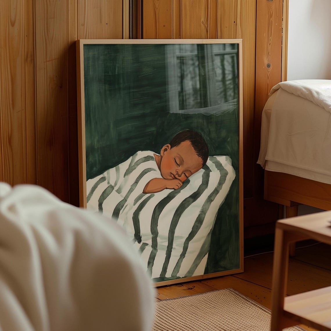 Newborn Baby Sleeping On Striped Blanket Dark Green Nursery Wall Art - Image 4