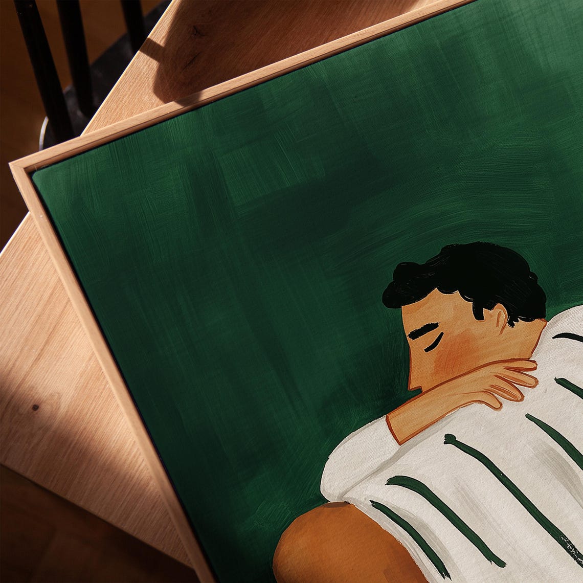 Sleeping Man Under Striped Blanket Peaceful Green Bedroom Wall Art - Image 3