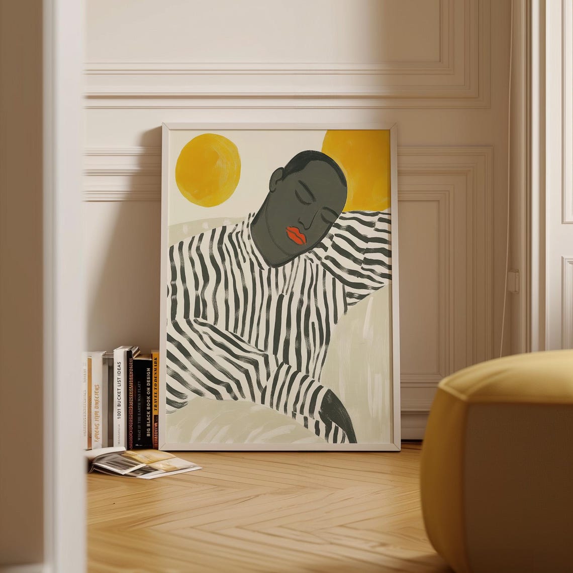 Abstract Portrait Wall Art Sleeping Figure With Bold Sun Modern Striped Shirt Artwork Minimalist Black And White Print Serene Home Decor - Image 5