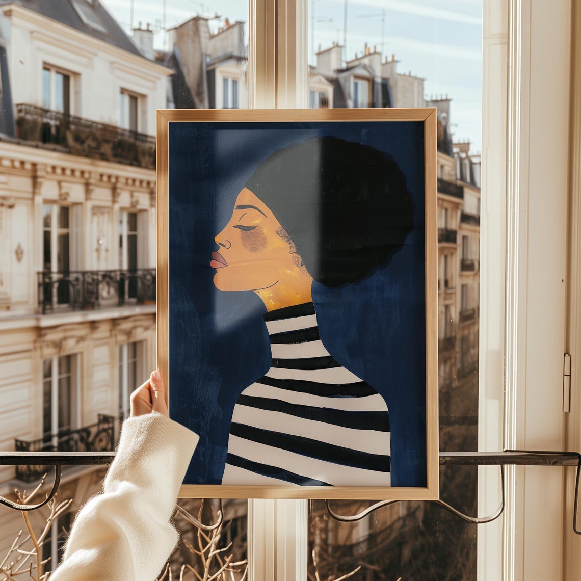 Woman with Afro Profile Bold Striped Turtleneck Navy Art Poster