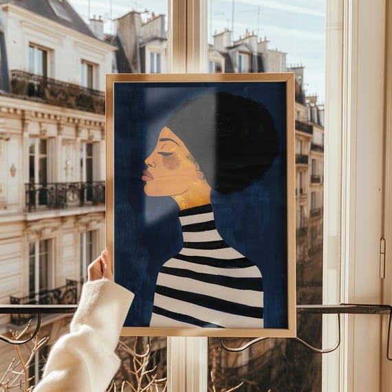 Bold Portrait Art Print Black And White Striped Decor Modern Figurative Painting Abstract Woman Artwork Contemporary Wall Art