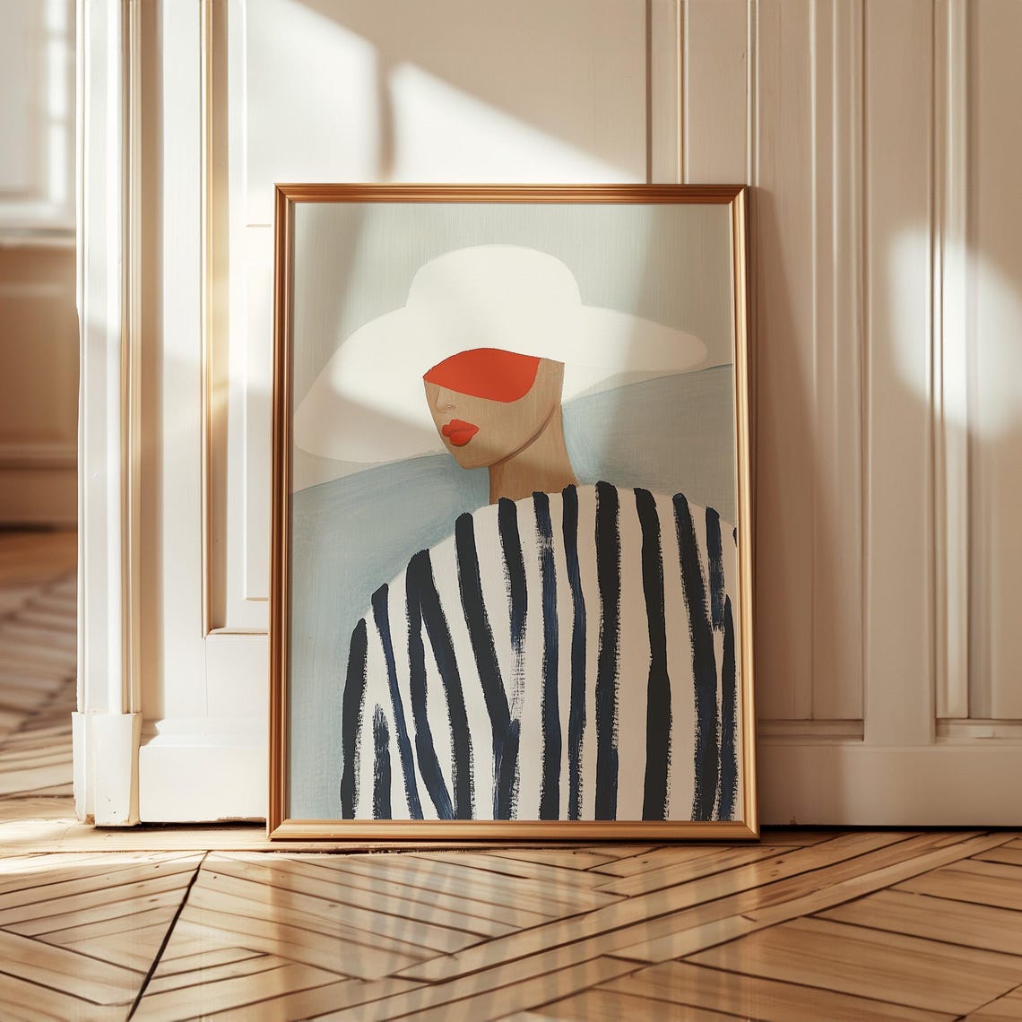 Woman in a White Hat with Striped Top and Red Accents Poster