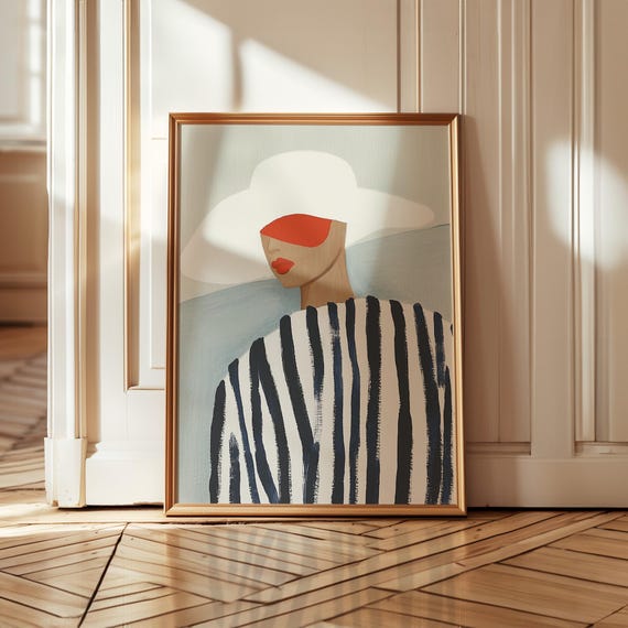 Abstract Woman In White Hat Art Print Minimalist Black And White Striped Fashion Illustration Modern Wall Decor Bold Red Accents