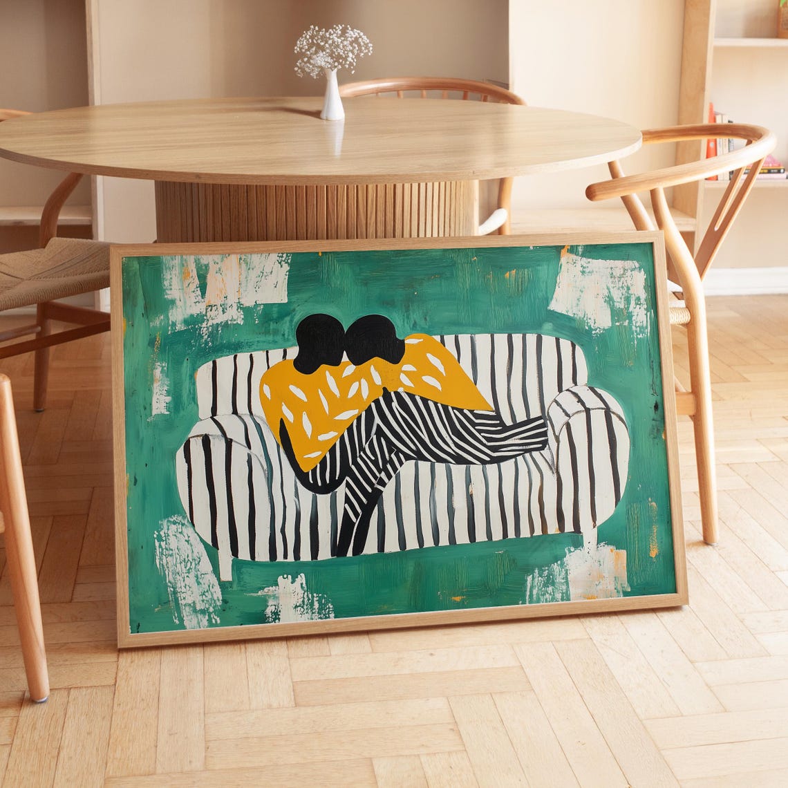 Sweet Couple Snuggling on Striped Couch Teal Abstract Love Poster