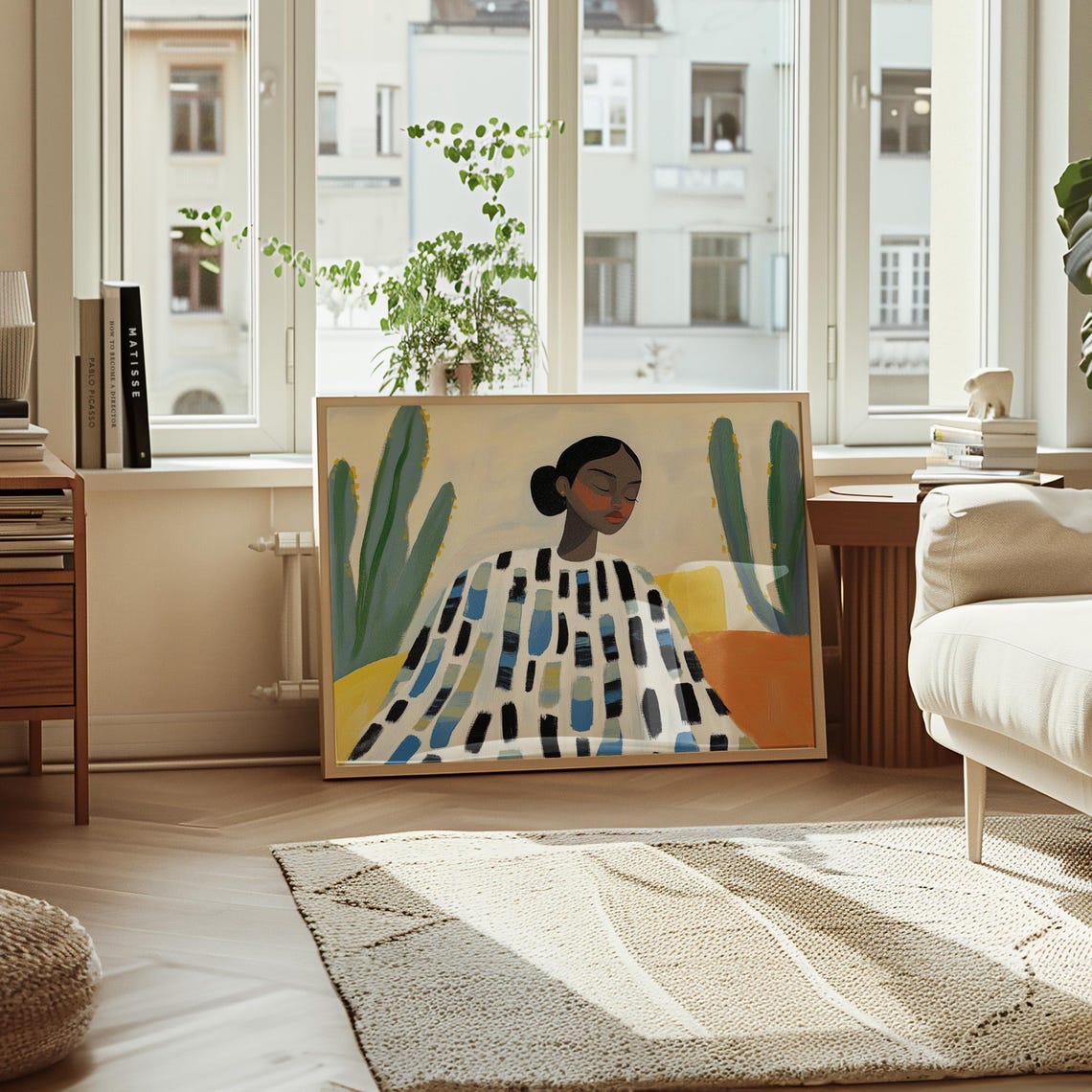 Woman in Patterned Dress Seated Among Cacti Desert Boho Poster - Image 5