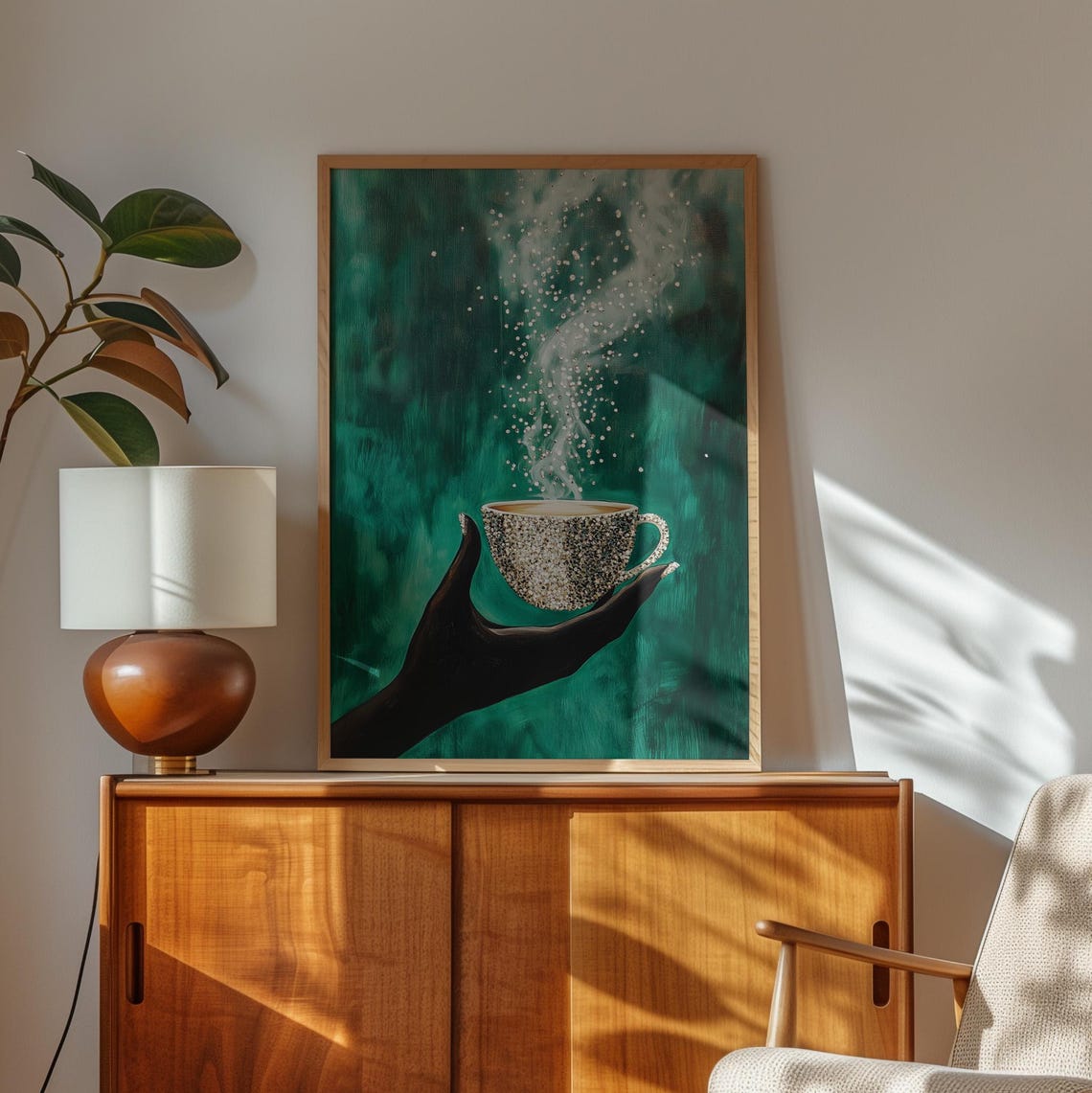 Glam Coffee Cup Wall Art Sparkling Mug Painting Abstract Hand And Steam Illustration Emerald Green Kitchen Decor Cozy Drink Print - Image 3