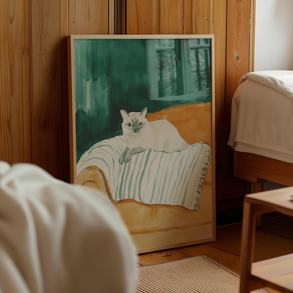 Alert White Cat On Striped Chair Teal And Orange Modern Feline Painting Poster