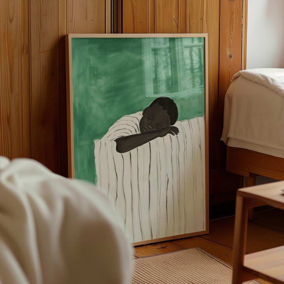Sleeping Boy Arm Over Striped Bedding Green Nursery Wall Art - Image 4