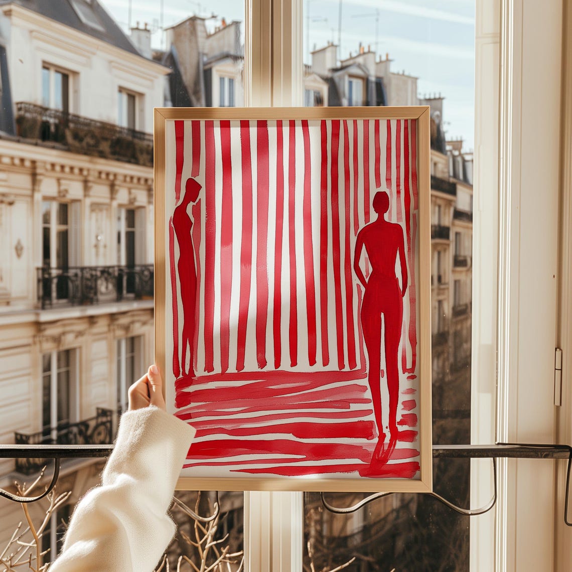 Red Silhouette Figures Abstract Red and White Striped Wall Art - Image 2