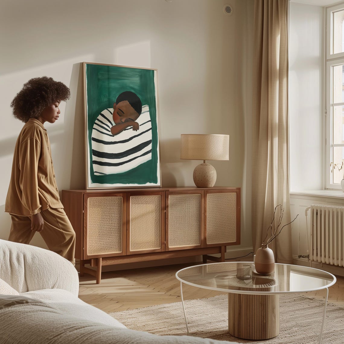 Sleeping Child On Striped Pillow Emerald Green Painting Wall Art - Image 4