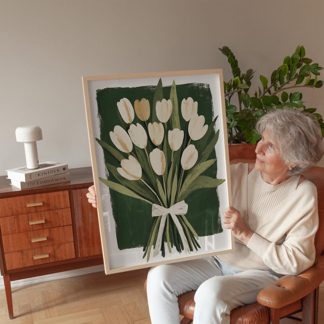 White Tulip Bouquet with Ribbon Bow Deep Green Floral Poster - Image 2