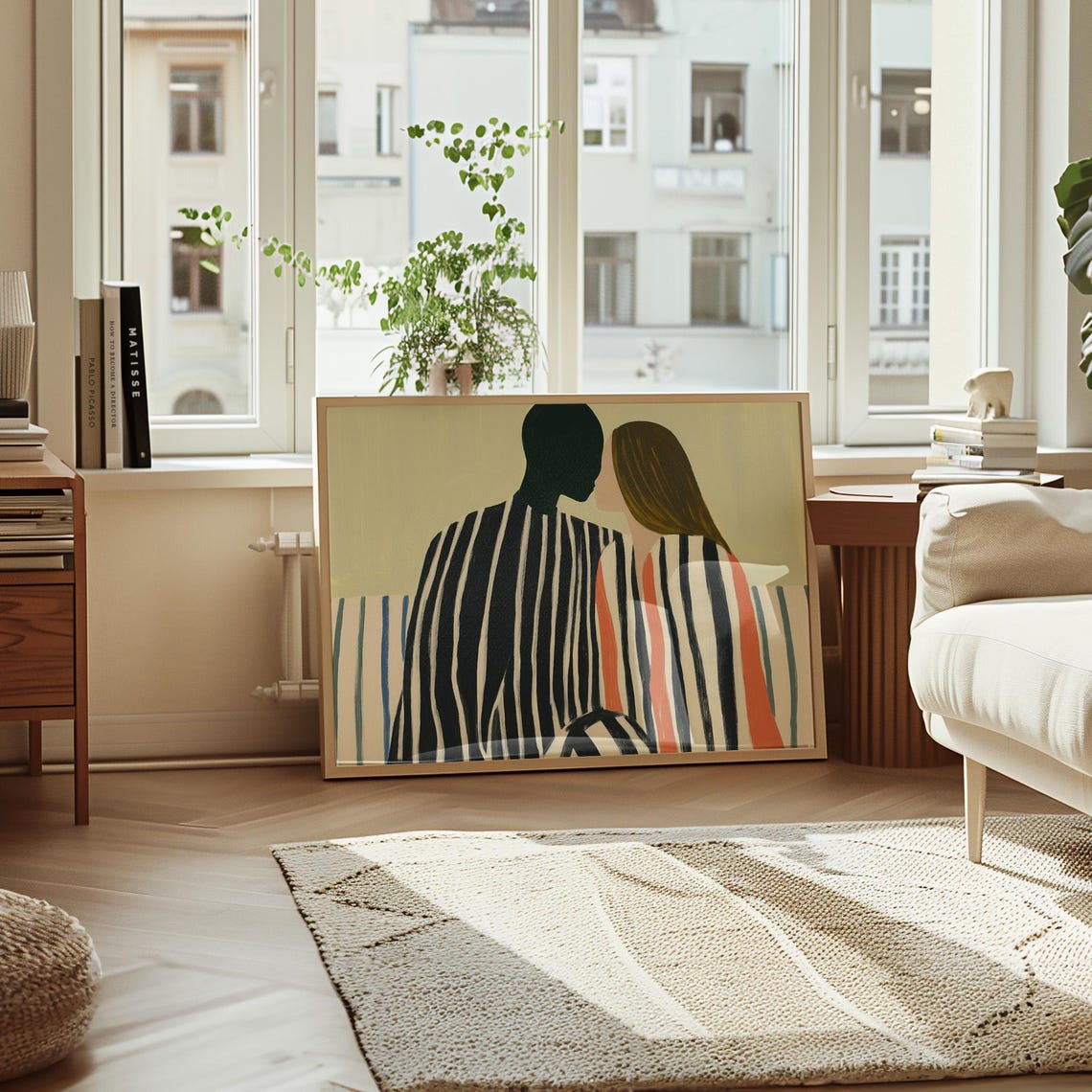 Intimate Couple in Striped Robes Muted Sage Tones Romantic Poster - Image 3