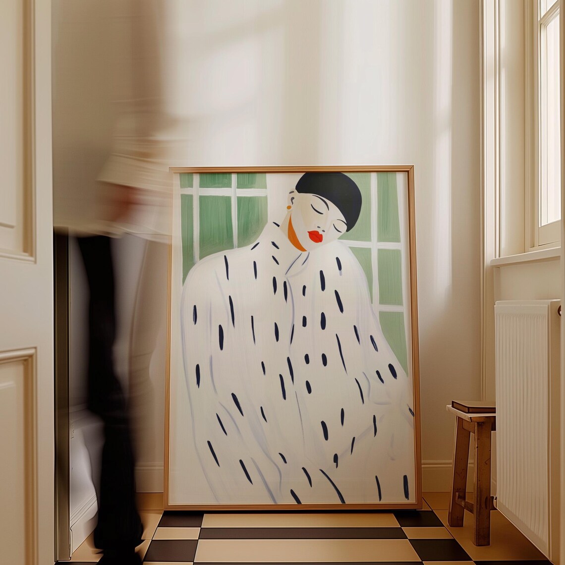 Woman With Red Lips In Dotted Coat By Green Windows Art Poster - Image 4