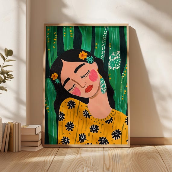 Vibrant Woman Portrait Art Print Whimsical Boho Illustration Colorful Floral Wall Art Modern Feminine Decor Bold And Playful Home Design