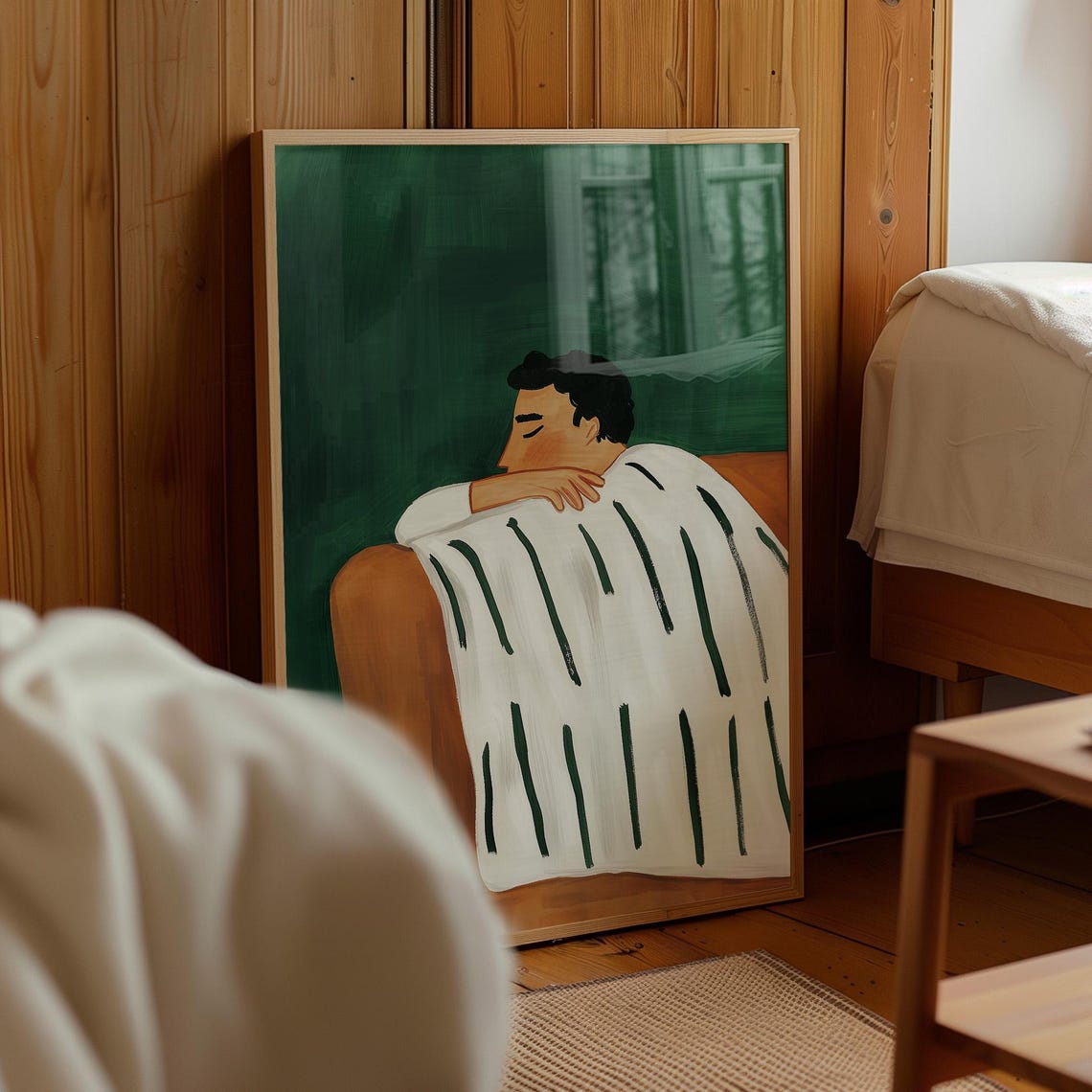 Sleeping Man Under Striped Blanket Peaceful Green Bedroom Wall Art