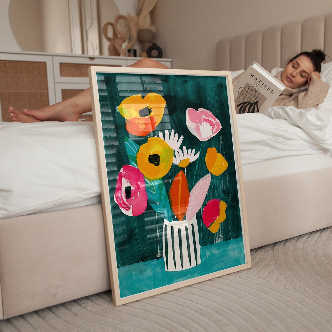 Colorful Abstract Flowers in Striped Vase Teal Bouquet Poster - Image 2
