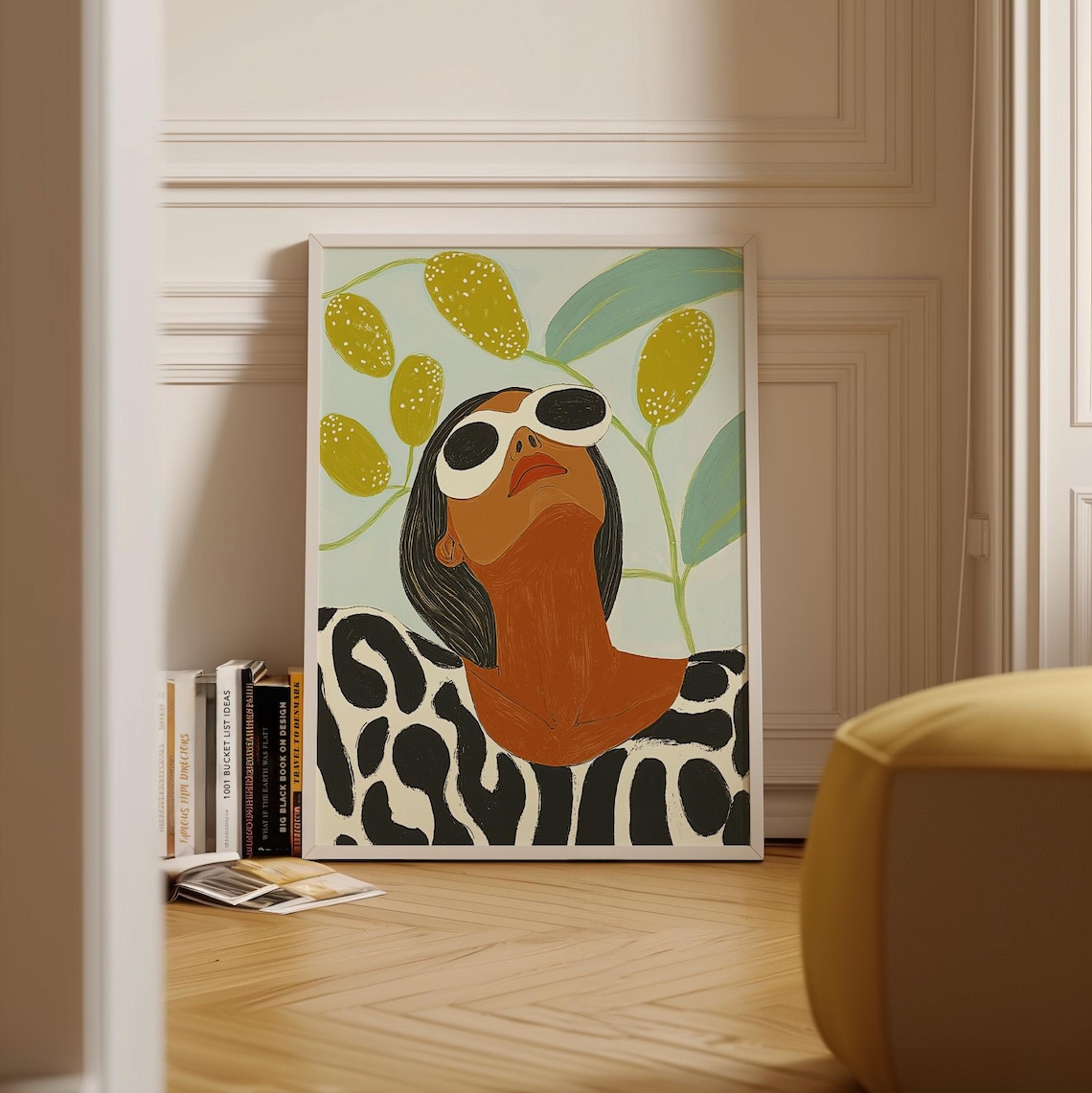 Woman in White Sunglasses Beneath a Lemon Botanical Branch Poster