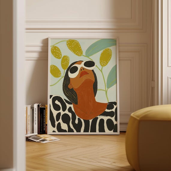 Modern Botanical Portrait Print Woman With Sunglasses Art Abstract Summer Wall Decor Bold Boho Illustration Nature Inspired Art