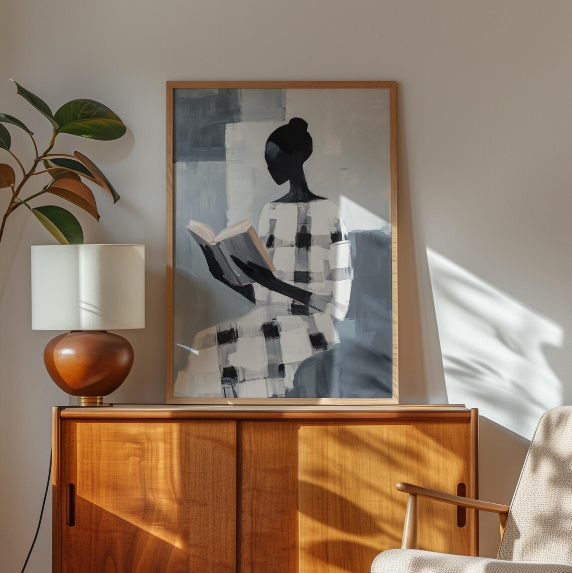 Faceless Woman Reading A Book In Grey Checkered Dress Wall Art