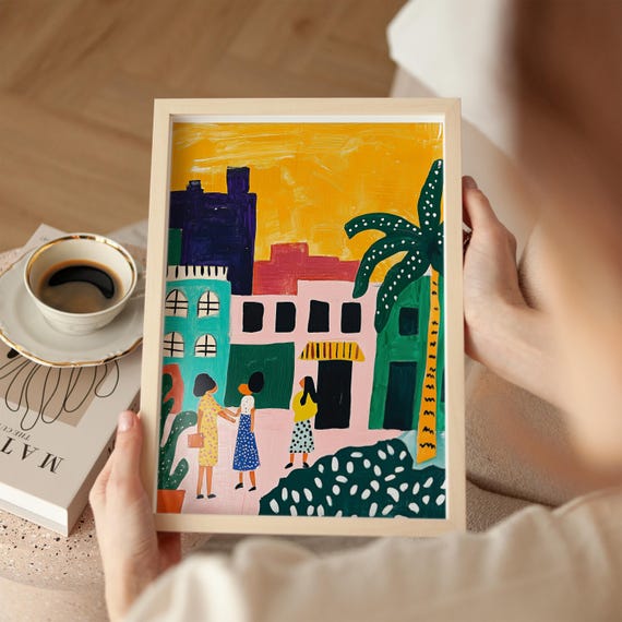 Vibrant Street Scene Art Colorful Town Painting Tropical Palm Tree Illustration Abstract Women Figures Mexican Inspired Wall Decor