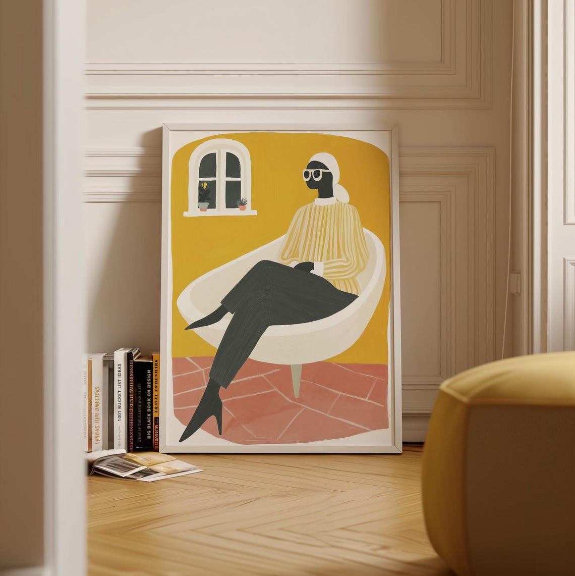 Stylish Woman Sunglasses Headscarf Yellow Interior Fashion Art Poster - Image 2