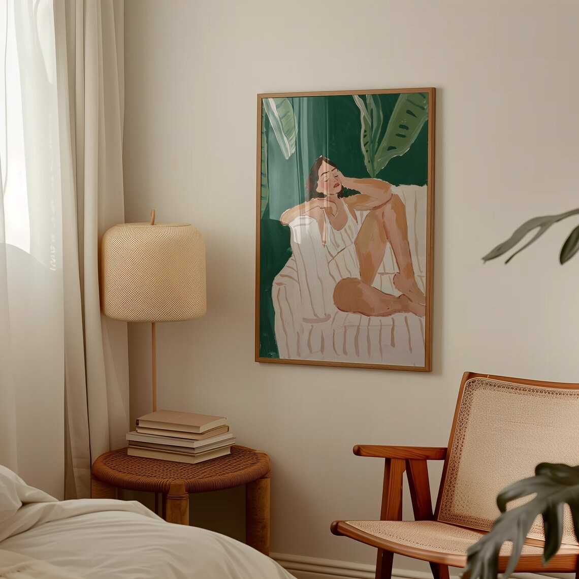 Woman Reclining In White Stripes Tropical Leaves Matisse Style Portrait Poster - Image 2