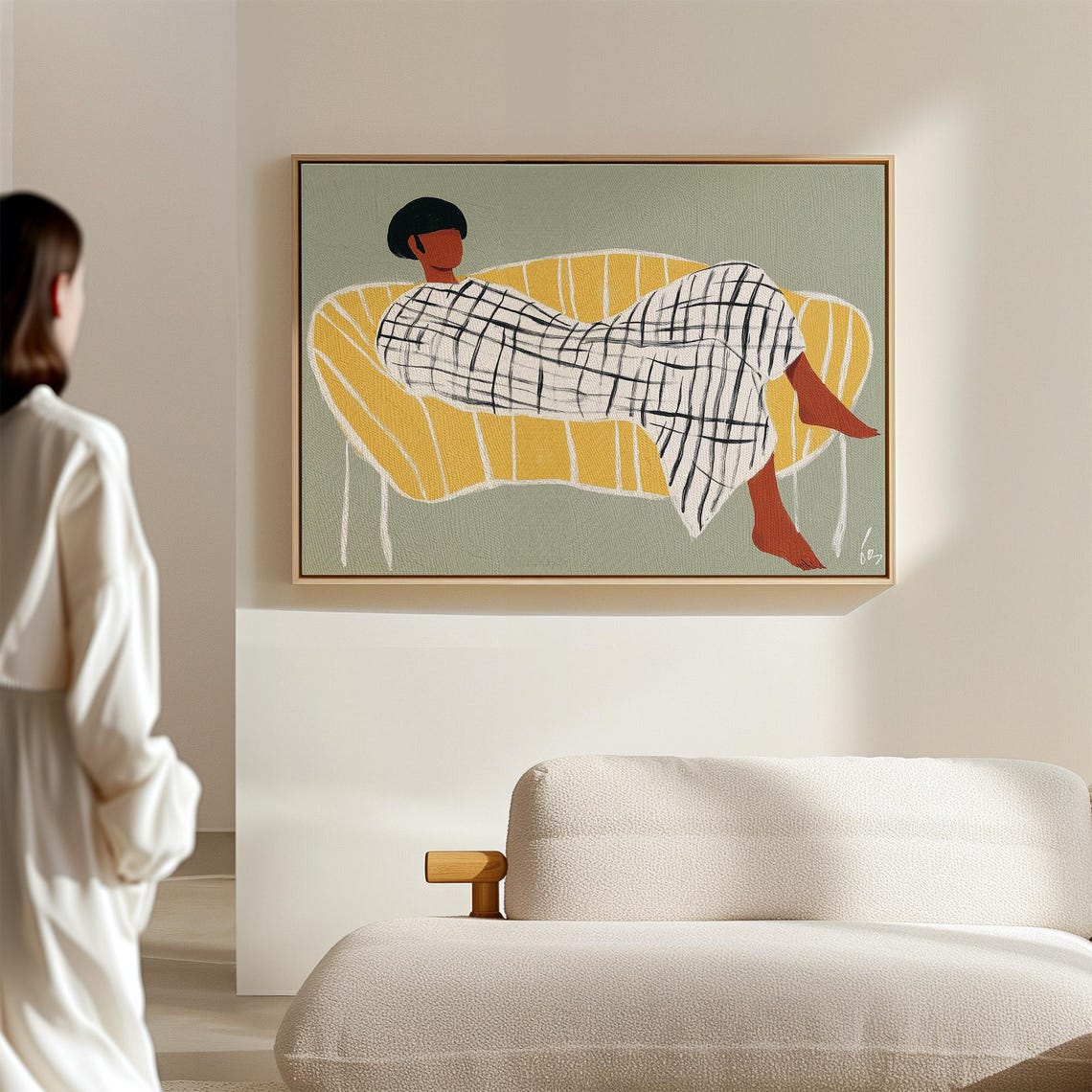Woman Lounging on Yellow Chaise in Grid Pattern Dress Poster - Image 2