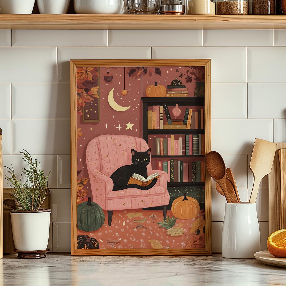Black Cat Reading in Cozy Pink Library Autumn Halloween Art Poster - Image 3