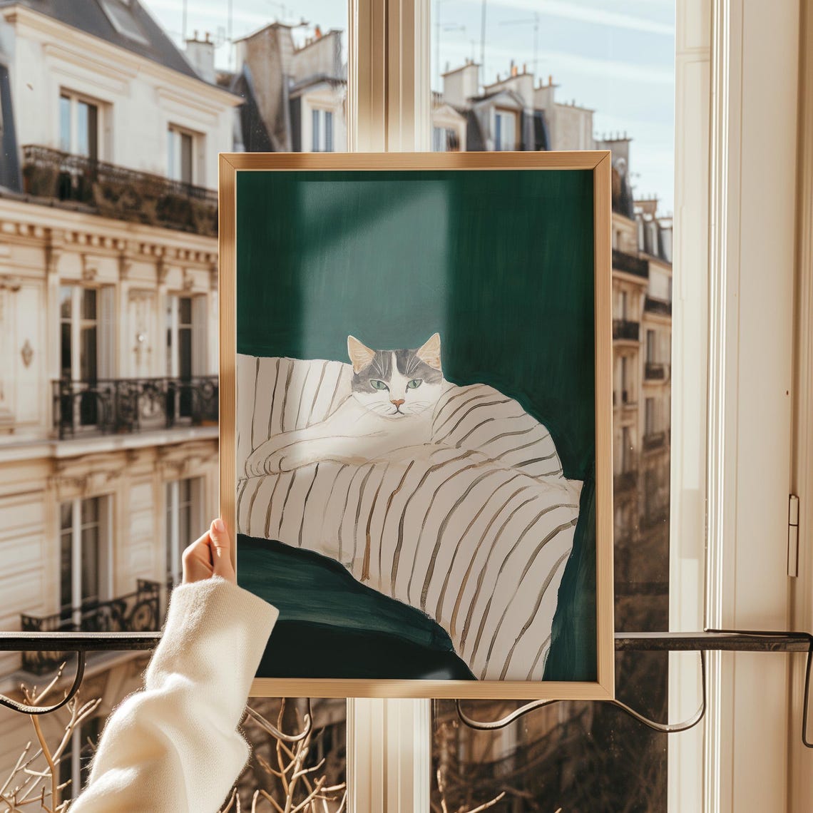 Lounging Tabby Cat Portrait on Striped Armchair Painting Poster - Image 2