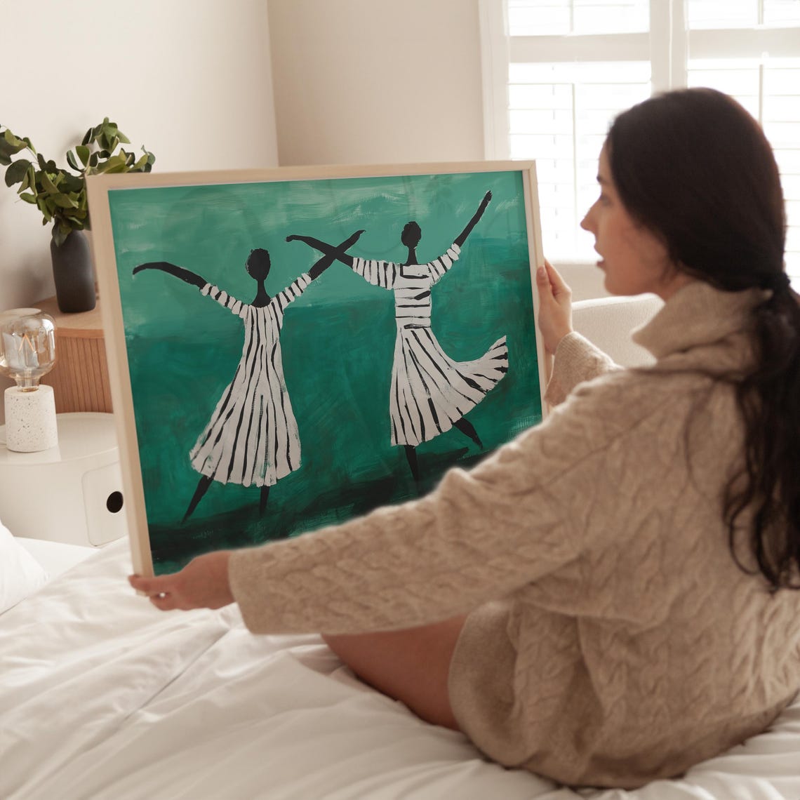 Two Striped Dancers On Green Joyful Abstract Dance Art Poster - Image 3