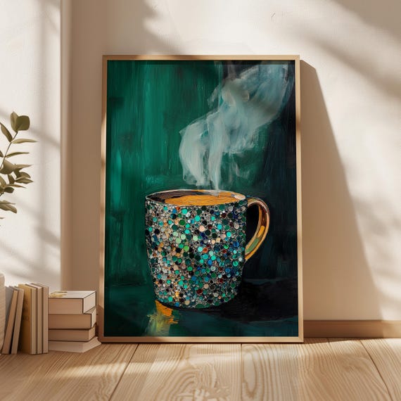 Emerald Green Diamond Mug Illustration Minimalist Coffee Cup Artwork Bold Modern Kitchen Wall Art Print Unique Coffee Lover Gift