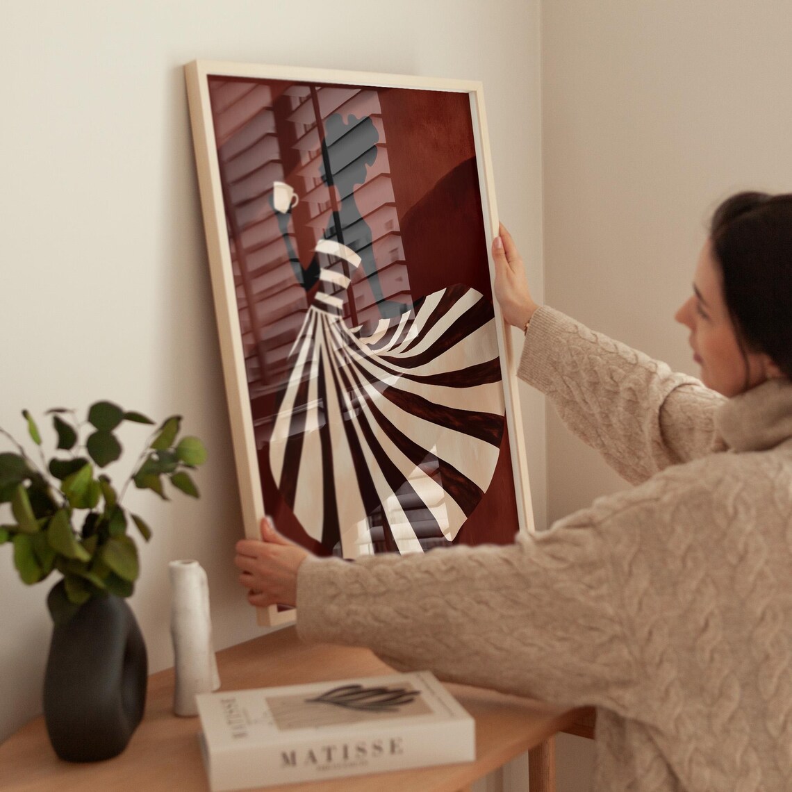 Coffee Silhouette, Striped Dress Woman Illustration - Image 2