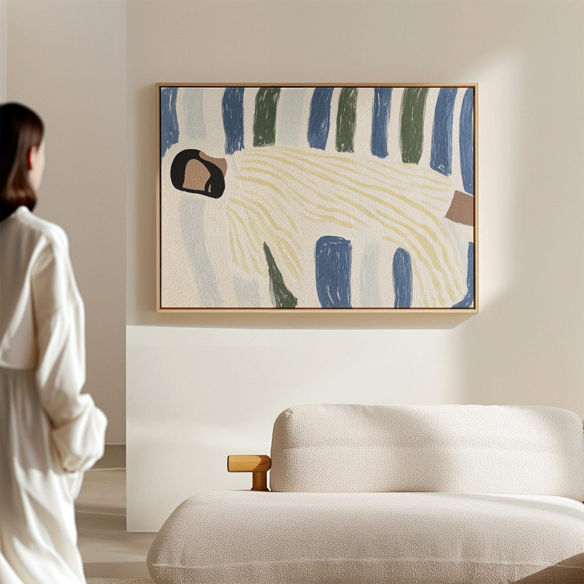 Abstract Minimalist Art Print Striped Figure Illustration Calming Modern Wall Decor Neutral And Blue Tones Contemporary Artwork