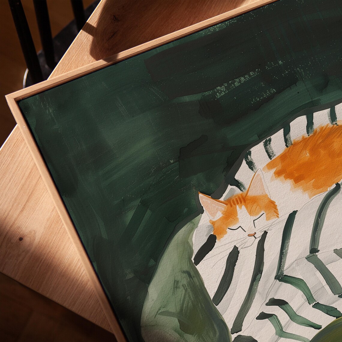 Sleeping Ginger And White Cat Curled On Striped Blanket Dark Green Art Poster - Image 3