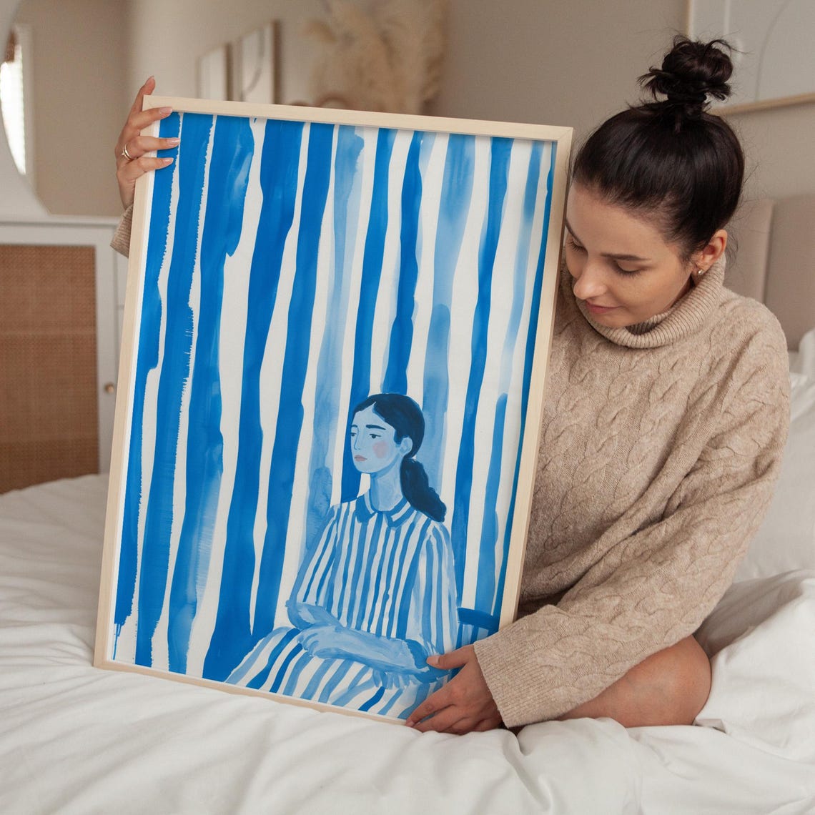 Woman in a Striped Dress Amid Bold Blue Vertical Brushstrokes Poster