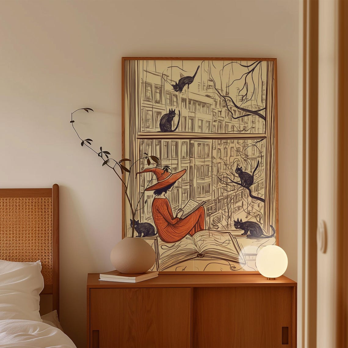 Cozy Witch Reading by Window With Black Cats Orange Autumn Art Poster - Image 2