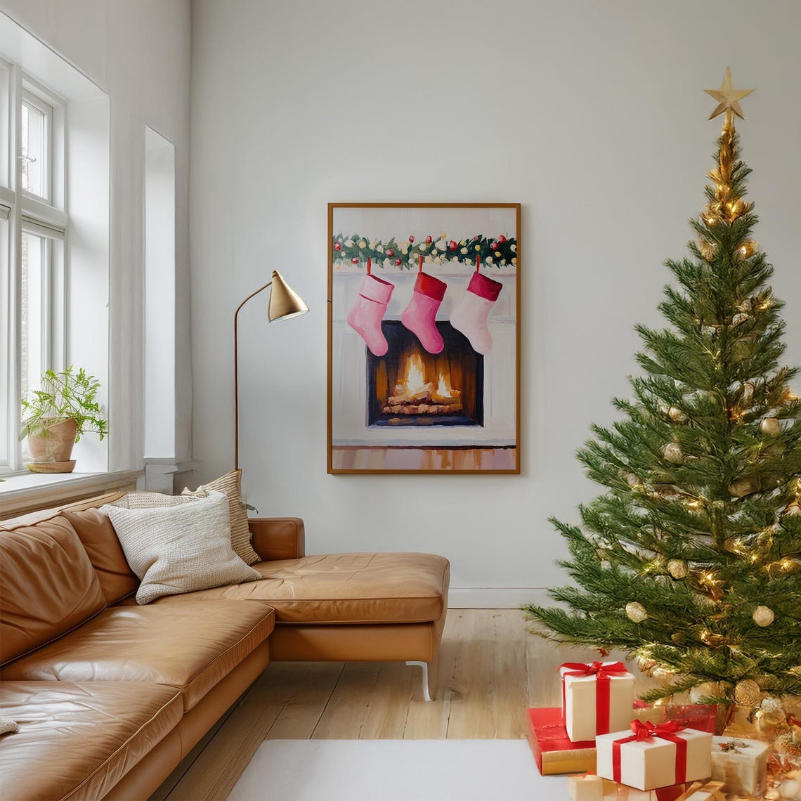 Cozy Christmas Fireplace With Pink Stockings and Garland Poster - Image 2