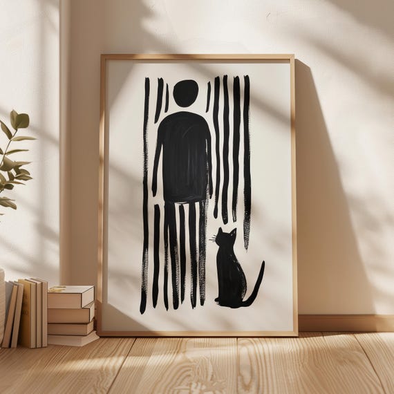 Abstract Cat And Human Art Print Black And White Minimalist Wall Decor Bold Striped Figures Modern Home Art Unique Gift For Cat Lovers